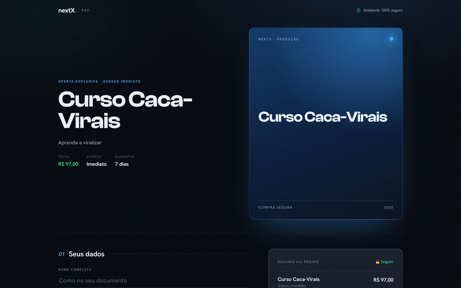 Checkout da NextX Pay com Pix, cartão e boleto